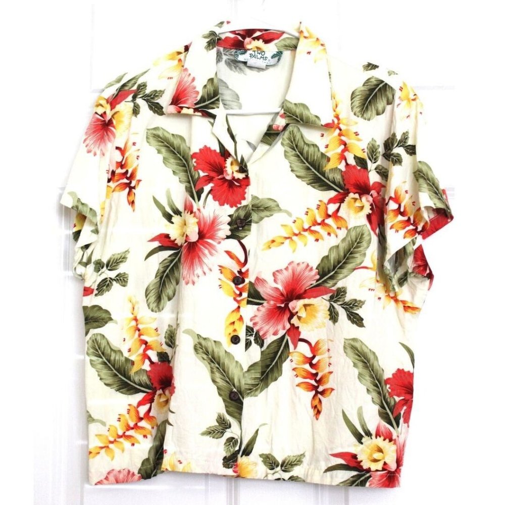 Vintage Two Palms Hawaiian Shirt Beachy Vacay Summer Travel Aloha Orchid